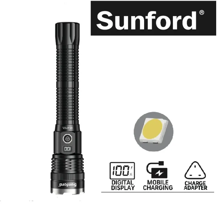 Sunford SF-475ZL Telescopic Zoomable 30W White LASER LED Flashlight / Torch with Digital LED Display & Power Bank Facility - 1 Piece
