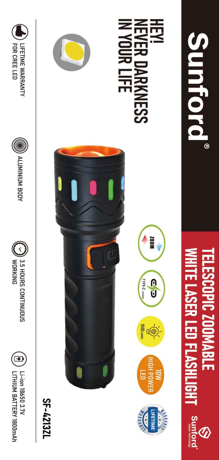Sunford SF-4213ZL Telescopic Zoomable 10W High Powered White LASER LED Zoom Flashlight / Torch - 1 Piece